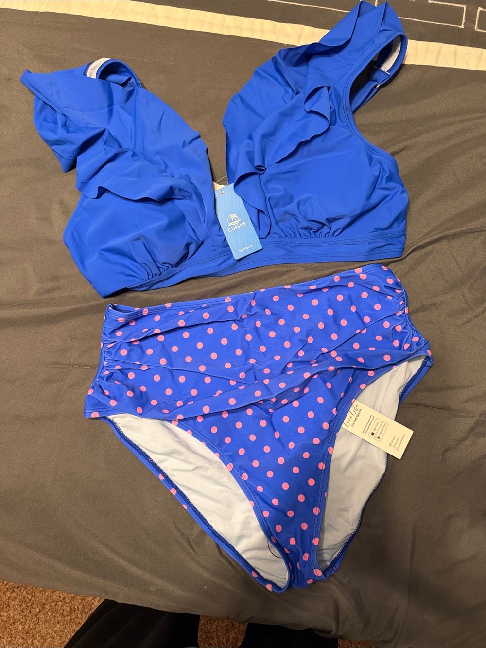 Cupshe Blue Ruffle Bikini Set with Pink Polka Dots
